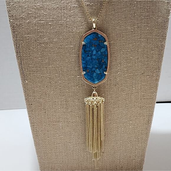 Kendra Scott Bronze Veined Turquoise Gold Tassel Rayne Pendant Necklace - Picture 4 of 6